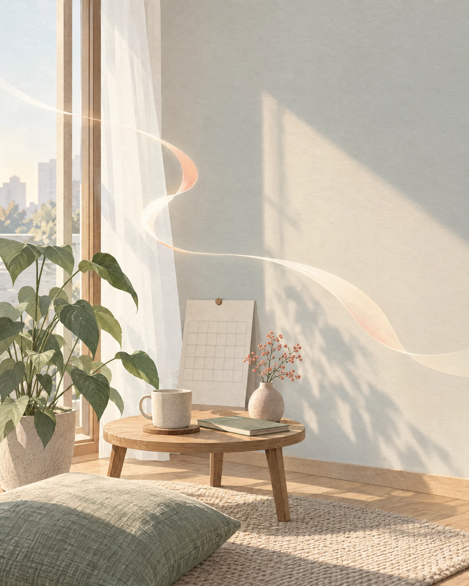低いテーブルとマグカップ、観葉植物のある部屋に、淡い光のリボンが浮かぶ暮らしのイラスト